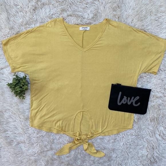 Zenana V-Neck Tie Waist Top💗 Banana Yellow - Picture 2 of 11